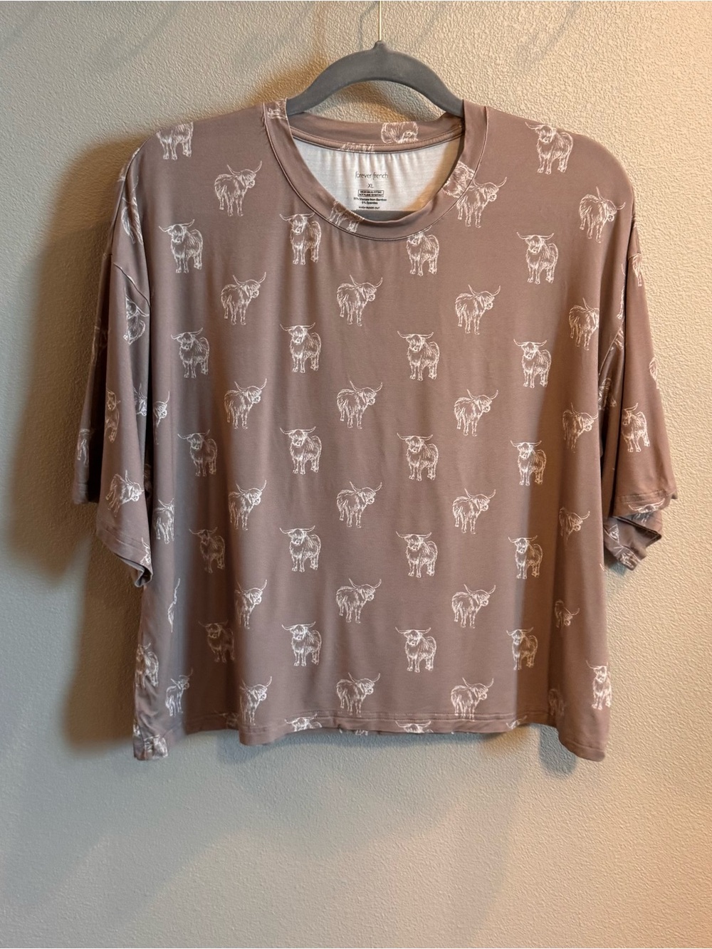 Forever French Tan Short Sleeve Tee with White Highlander Cow Print